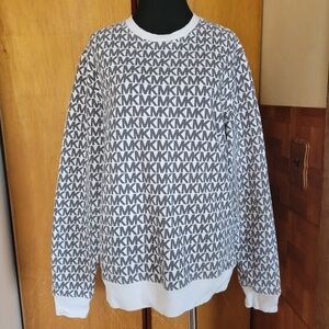 Michael Kors MK Logo Print Crewneck Pullover Sweater White Gray Knit Top  Medium